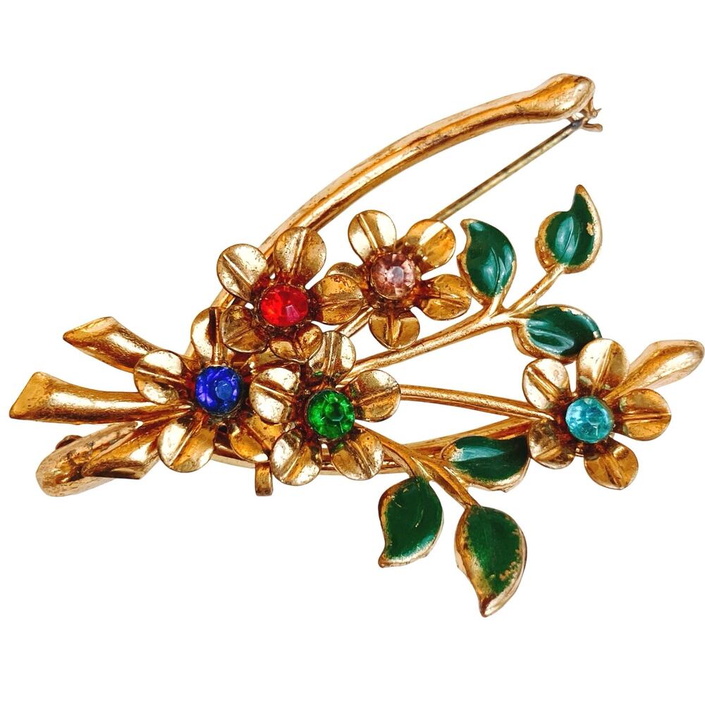 Vintage 1940s Brooch Wishbone Floral Rhinestone Enamel Mid Century Gold Tone Pin